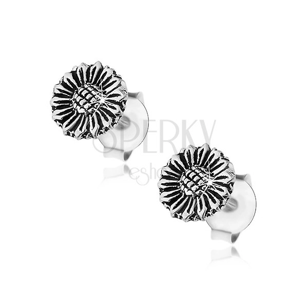 925 silver earrings, patinated sunflower, studs