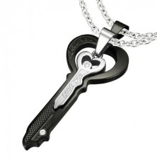 Steel couple pendants, black key and small key in silver colour, zircons, inscriptions