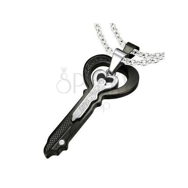Steel couple pendants, black key and small key in silver colour, zircons, inscriptions