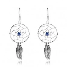 Silver earrings 925, dark blue bead, round dreamcatcher, 20 mm