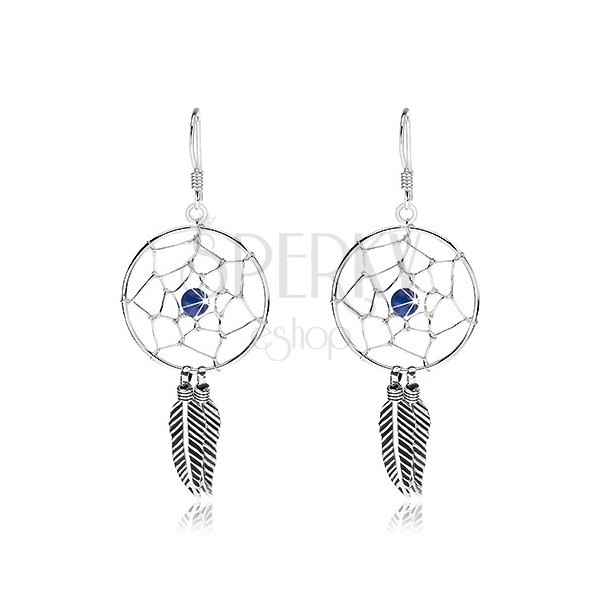 Silver earrings 925, dark blue bead, round dreamcatcher, 20 mm