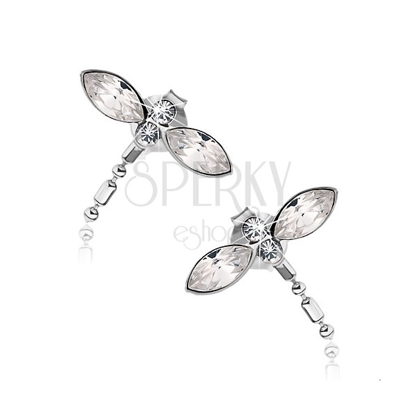 Earrings made of 925 silver, dragonfly with clear Swarovski crystals, studs