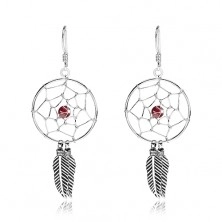 925 silver earrings, dark red bead, round dreamcatcher, 20 mm