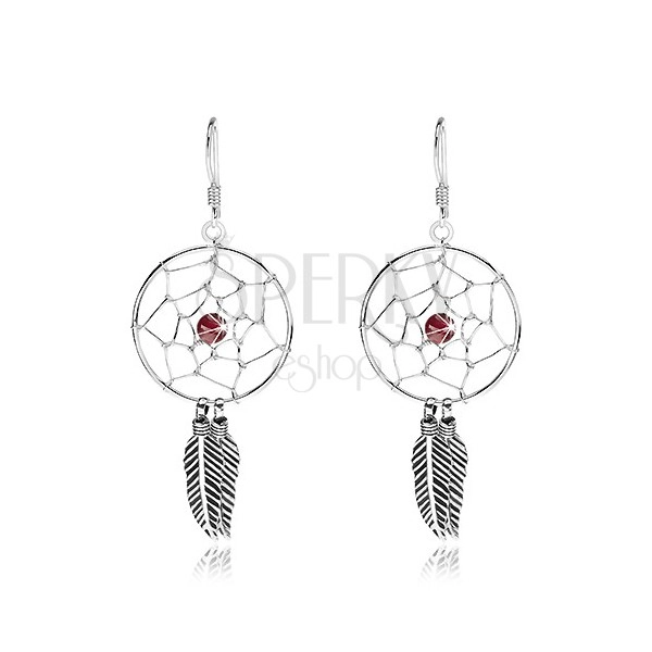 925 silver earrings, dark red bead, round dreamcatcher, 20 mm