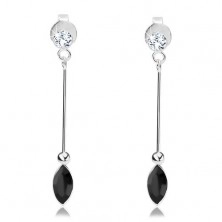 Dangling earrings, 925 silver, round and grain Swarovski crystal, thin stick