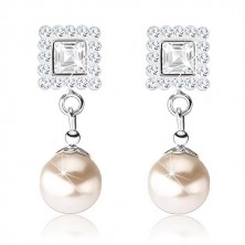 Stud earrings, 925 silver, clear Preciosa crystals, pearl