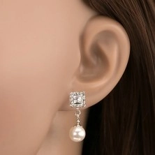 Stud earrings, 925 silver, clear Preciosa crystals, pearl