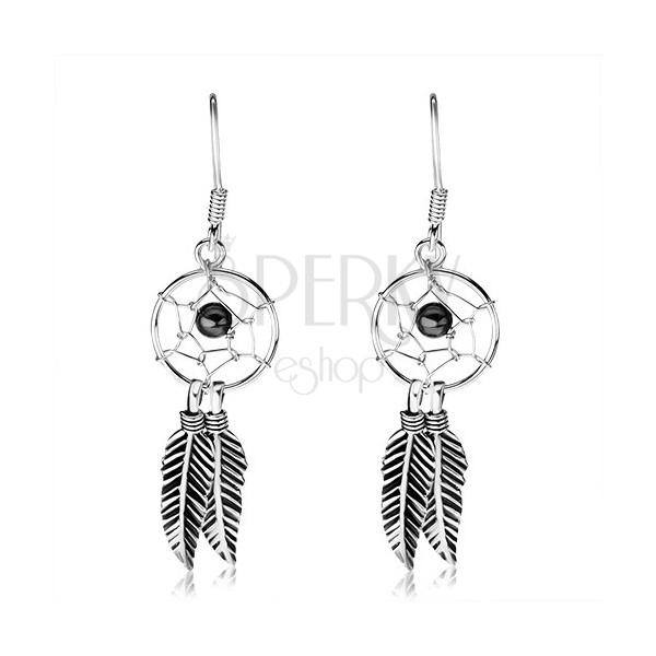 Earrings made of silver, round dream catcher with black ball and feathers, 12 mm