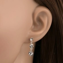 Dangling earrings, 925 silver, three round Swarovski crystals in transparent hue