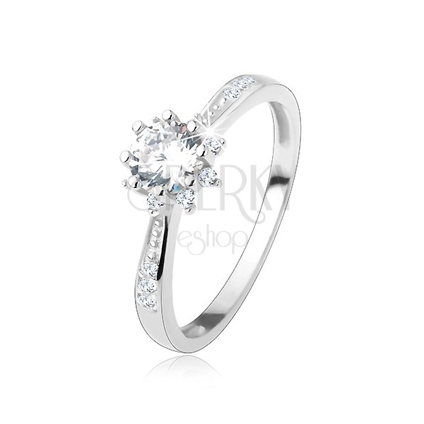 Engagement ring - 925 silver, decorated shoulders, shimmering zircon flower