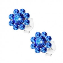 Stud earrings, 925 silver, sparkly flower made of blue Preciosa crystals
