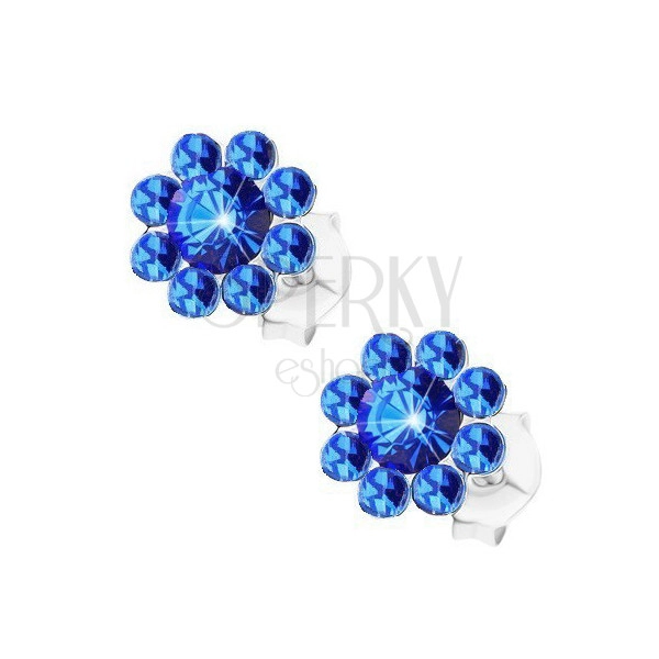 Stud earrings, 925 silver, sparkly flower made of blue Preciosa crystals