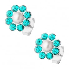Stud earrings, 925 silver, sparkly flower, blue-green crystals, small pearl