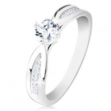 925 silver ring, narrowed decorated shoulders, shimmering clear zircon