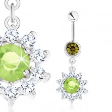 Steel belly piercing, silver colour, flower - green zircon, clear petals