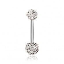 Belly piercing, stainless steel, white balls, clear zircons