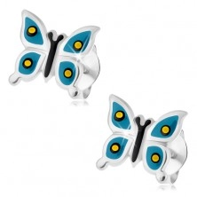 Stud earrings, 925 silver, glossy buterfly, blue wings, yellow and black dots