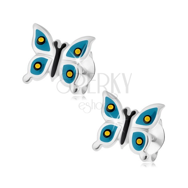 Stud earrings, 925 silver, glossy buterfly, blue wings, yellow and black dots