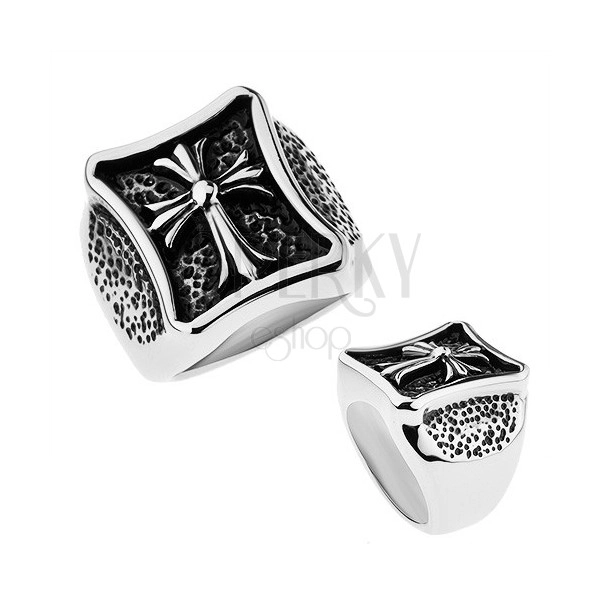 Ring in silver colour, stainless steel, glossy cross with divided tips