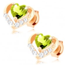 Earrings, yellow 14K gold - green olivine heart inside gleaming contour