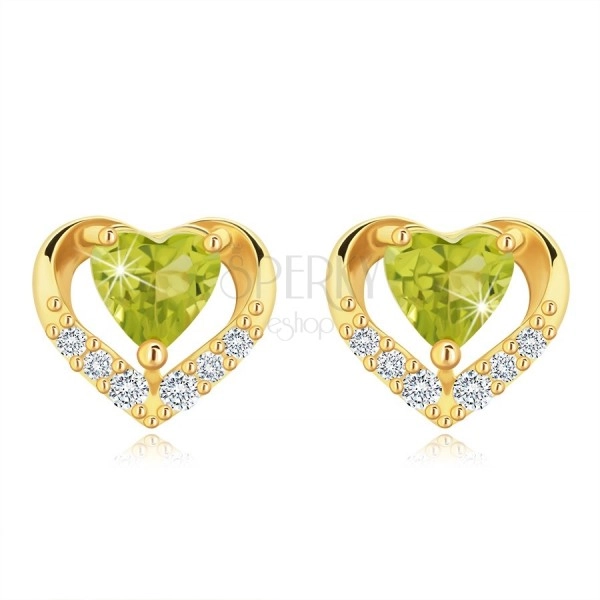 Earrings, yellow 14K gold - green olivine heart inside gleaming contour