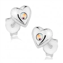 Earrings made of 925 silver, glossy heart adorned with iridescent Swarovski crystal