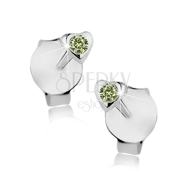Earrings made of 925 silver, tiny glossy heart, green Swarovski crystal