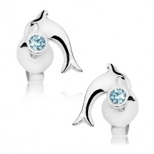 Sparkly earrings, 925 silver, glossy jumping dolphin, blue crystal
