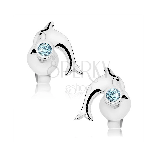 Sparkly earrings, 925 silver, glossy jumping dolphin, blue crystal