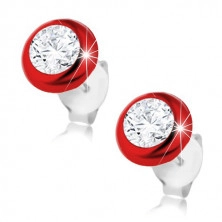 Earrings made of 925 silver, red circle with convex surface, clear zircon
