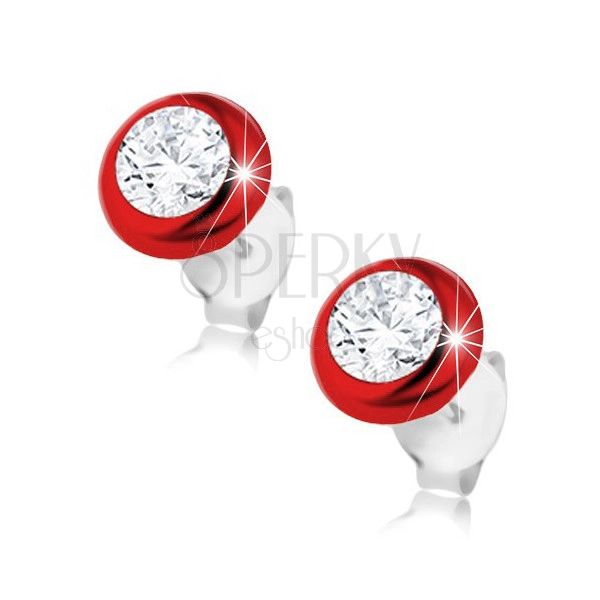 Earrings made of 925 silver, red circle with convex surface, clear zircon