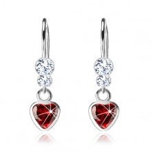 925 silver earrings, red zircon heart, clear Swarovski crystals