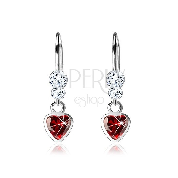 925 silver earrings, red zircon heart, clear Swarovski crystals