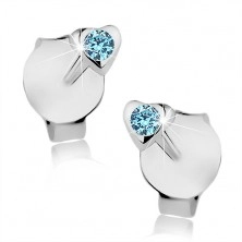 Stud earrings, 925 silver, glossy convex heart, tiny blue crystal