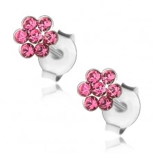 925 silver earrings, shimmering flower of pink crystals