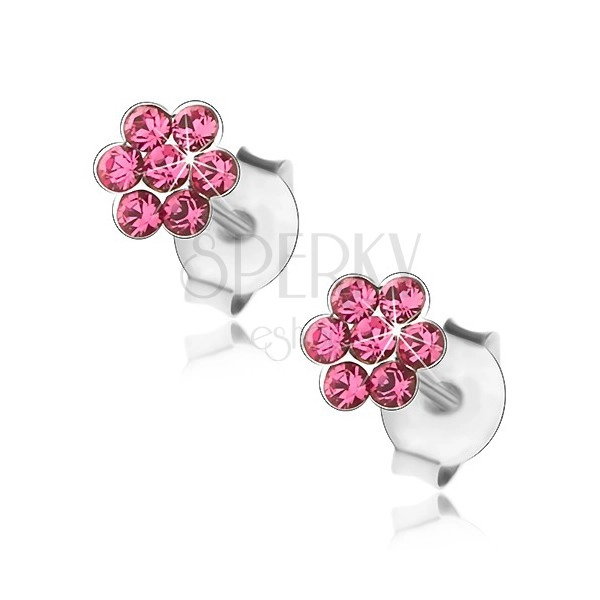 925 silver earrings, shimmering flower of pink crystals