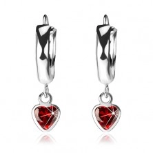 Earrings made of 925 silver, smooth shiny circle, red zircon heart