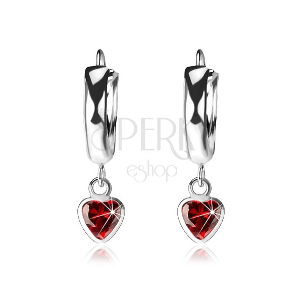 Earrings made of 925 silver, smooth shiny circle, red zircon heart