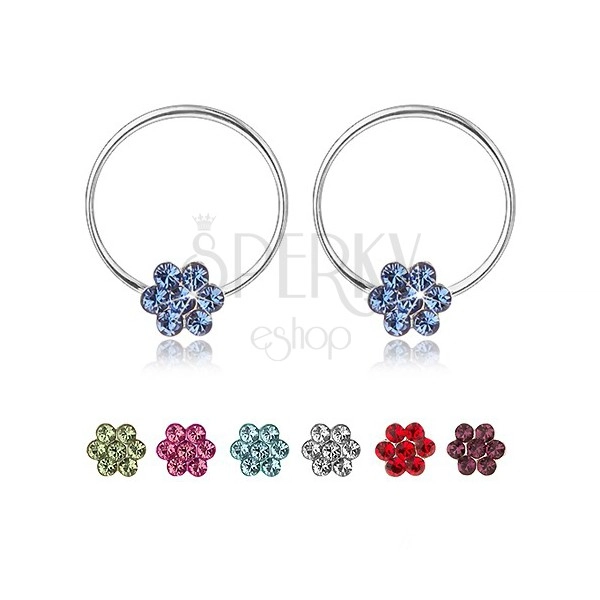 Earrings made of 925 silver, thin circle with flower composed of Swarovski crystals
