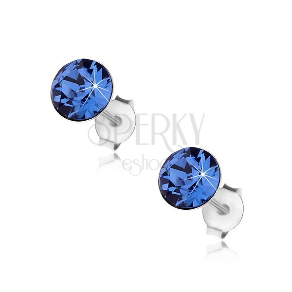 Stud earrings, 925 silver, dark blue Swarovski crystal, 7 mm