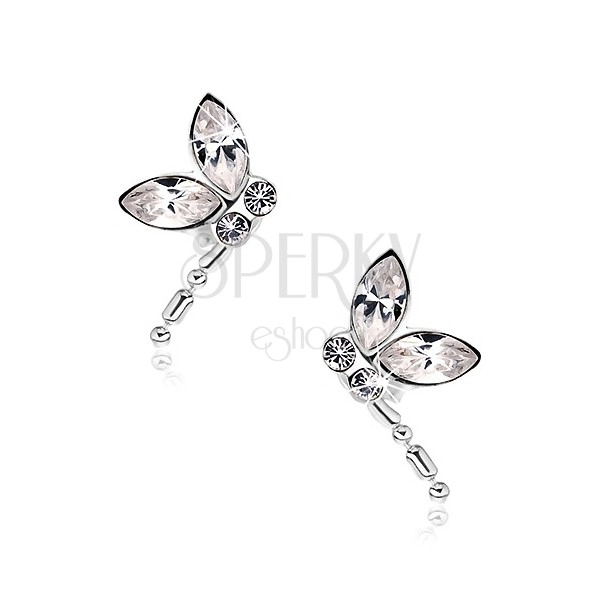 925 silver earrings, flying dragonfly, clear Swarovski crystals, dangling tail