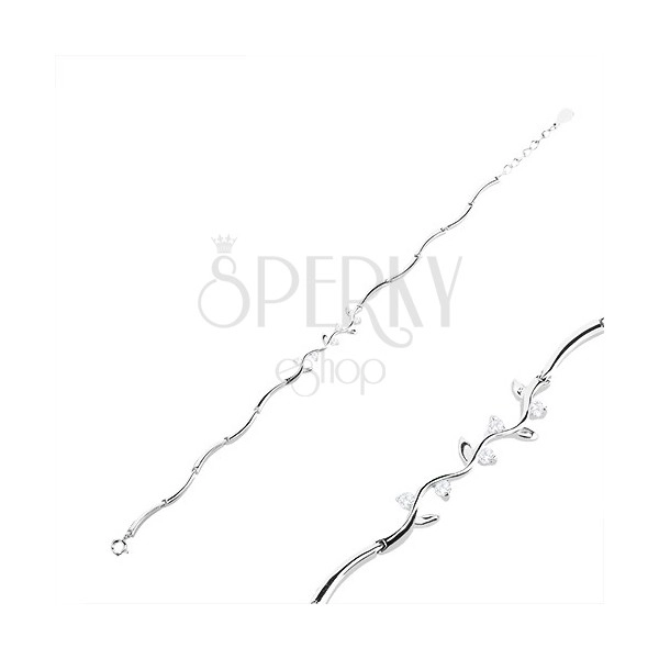 925 silver bracelet, wavy chain, wave with round clear zircons