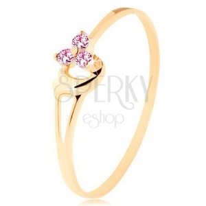 Ring made of yellow 14K gold - three pink zircons, asymmetrical convex heart