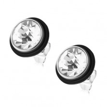 Steel earrings in silver colour, round clear zircon, black rubber band