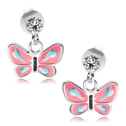 925 silver earrings, clear Swarovski crystal, butterfly with pink wings