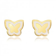 Earrings made of yellow 14K gold - shiny flat butterfly, contour with white glaze