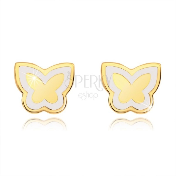 Earrings made of yellow 14K gold - shiny flat butterfly, contour with white glaze