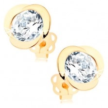 Earrings in yellow 14K gold - flower formed by arcs and clear zircon
