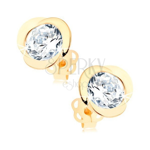 Earrings in yellow 14K gold - flower formed by arcs and clear zircon