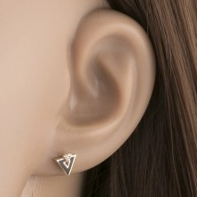 Earrings made of yellow 14K gold - black triangle with cutout, clear zircons